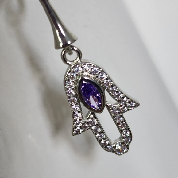 Silver Steel with Purple / Clear Zirconia Hamsa Hand Huggie Hoop Earrings - Picture 5 of 7